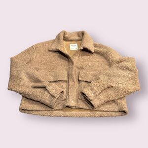 Abercrombie & Fitch Sherpa Jacket Womens Large Beige Crop Long Sleeve Snap Front